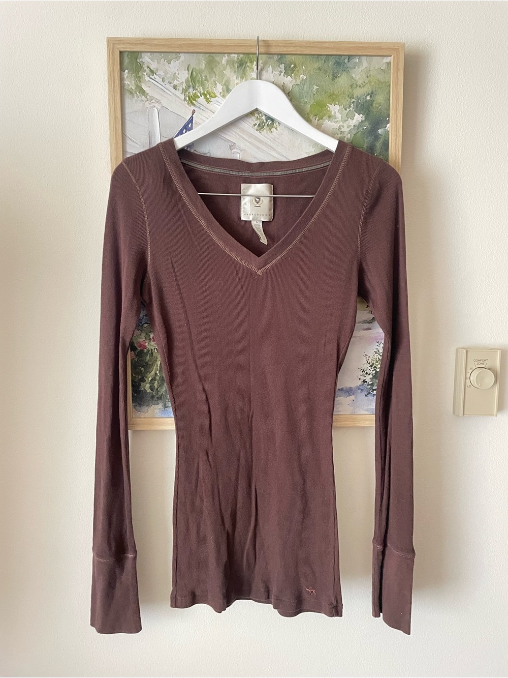 Abercrombie & Fitch Y2K Vintage V-Neck Ribbed Long Sleeve Top Brown Large